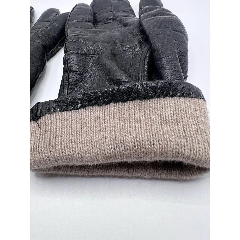 Black Vintage High Leather Gloves Cashmere Lined Size 8